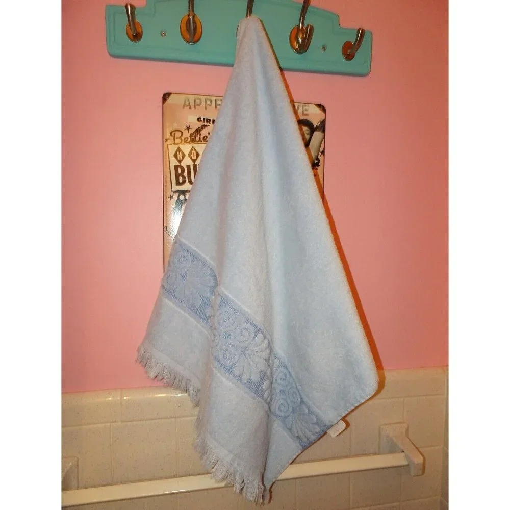 Vintage Light Blue Cannon Bath Towel with Fringe brocade panel 1970's mcm